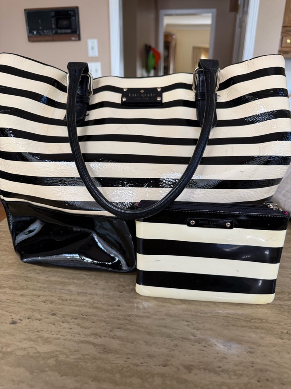 kate spade Black and White Striped Patent Tote and coin purse, some scuffs